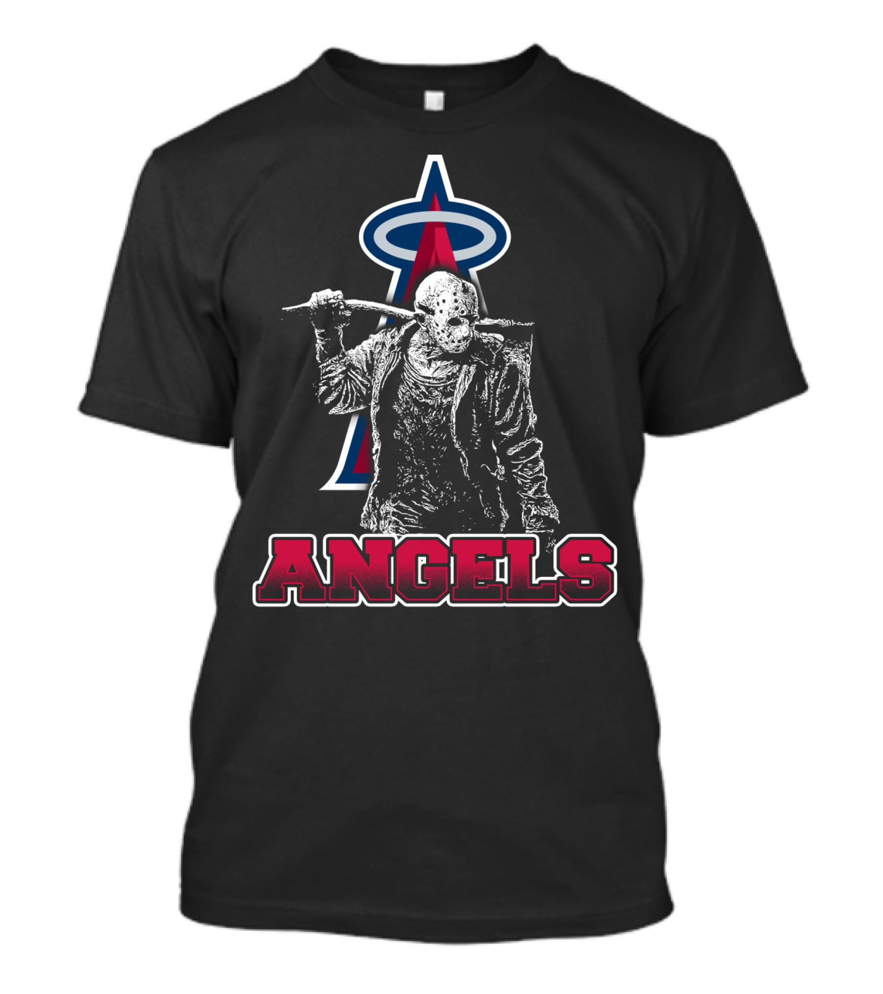 Jason Voorhees With Baseball Bat And Los Angeles Angels Logo Featuring Bold Angels Text T-Shirt