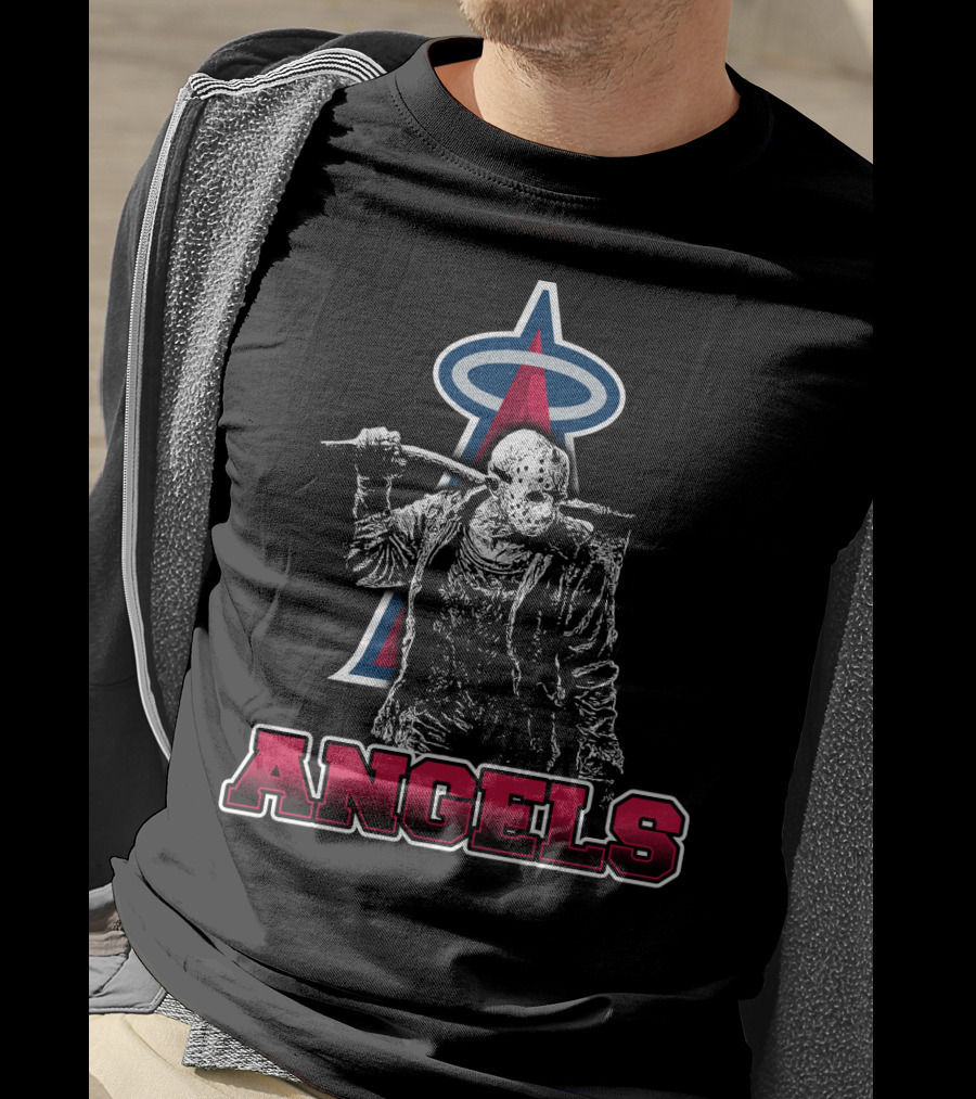 Jason Voorhees With Baseball Bat And Los Angeles Angels Logo Featuring Bold Angels Text T-Shirt