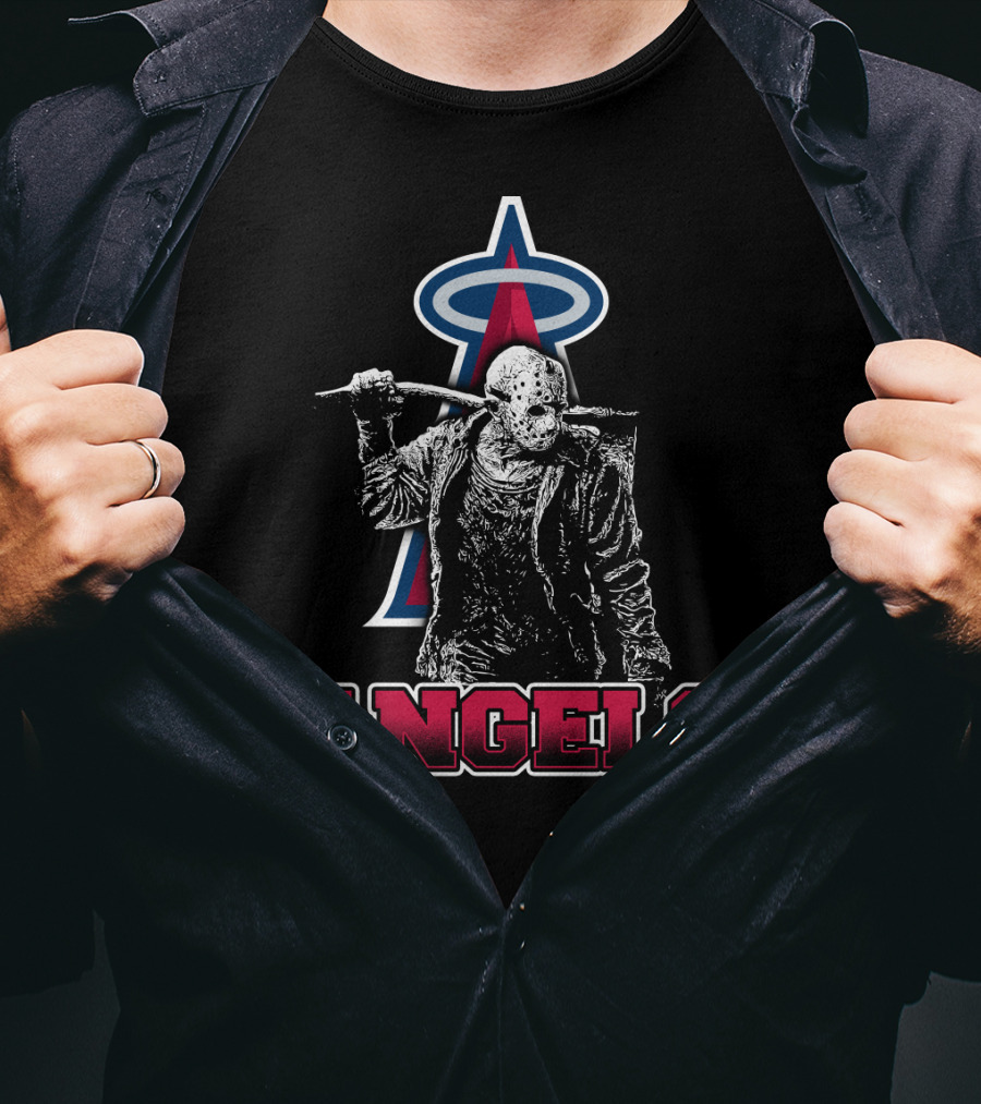 Jason Voorhees With Baseball Bat And Los Angeles Angels Logo Featuring Bold Angels Text T-Shirt