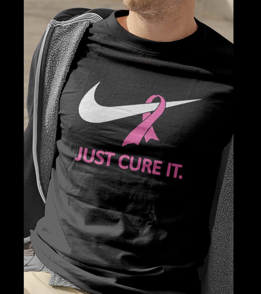 Just Cure It Pink Ribbon Breast Cancer Awareness Swoosh T-Shirt