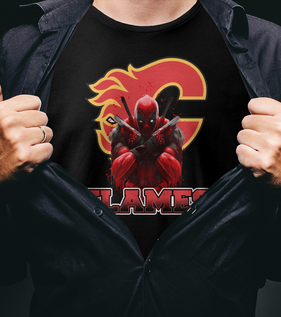 Deadpool Calgary Flames Crossover Fan Tribute T-Shirt