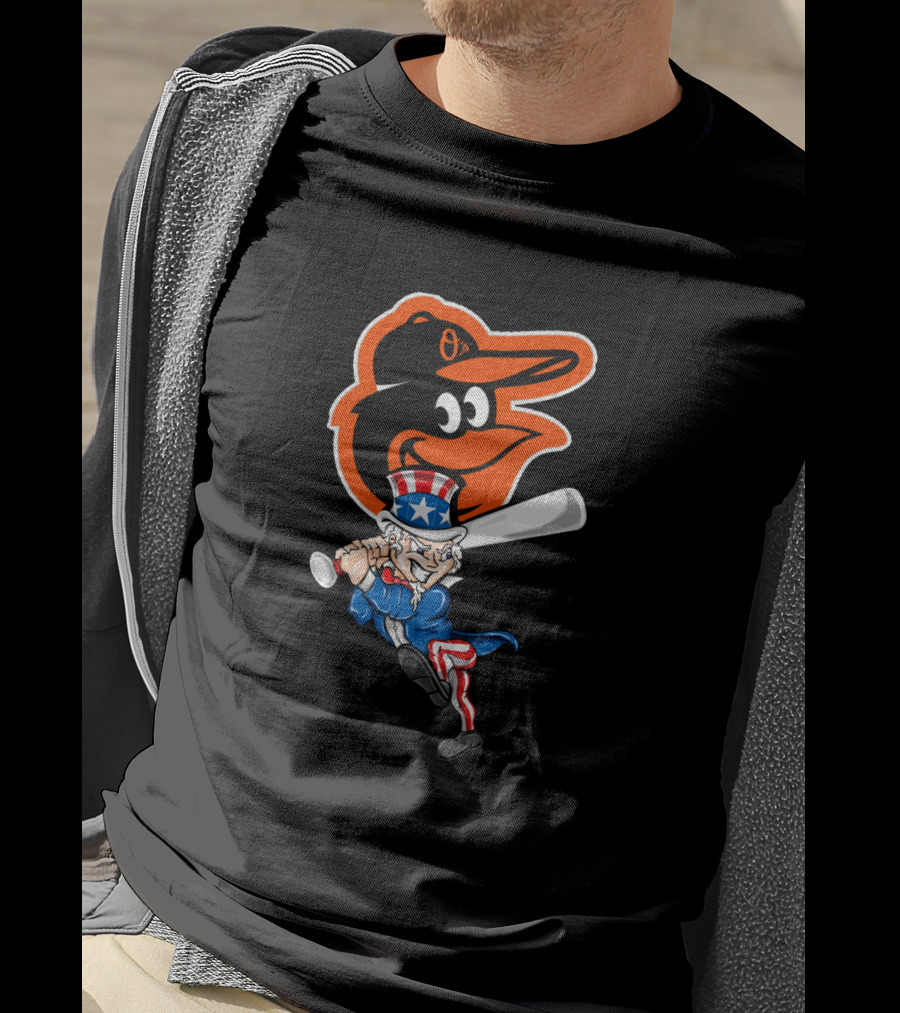 Uncle Sam Swinging Baseball Bat With Baltimore Orioles Logo For 4Th Of July Celebration T-Shirt