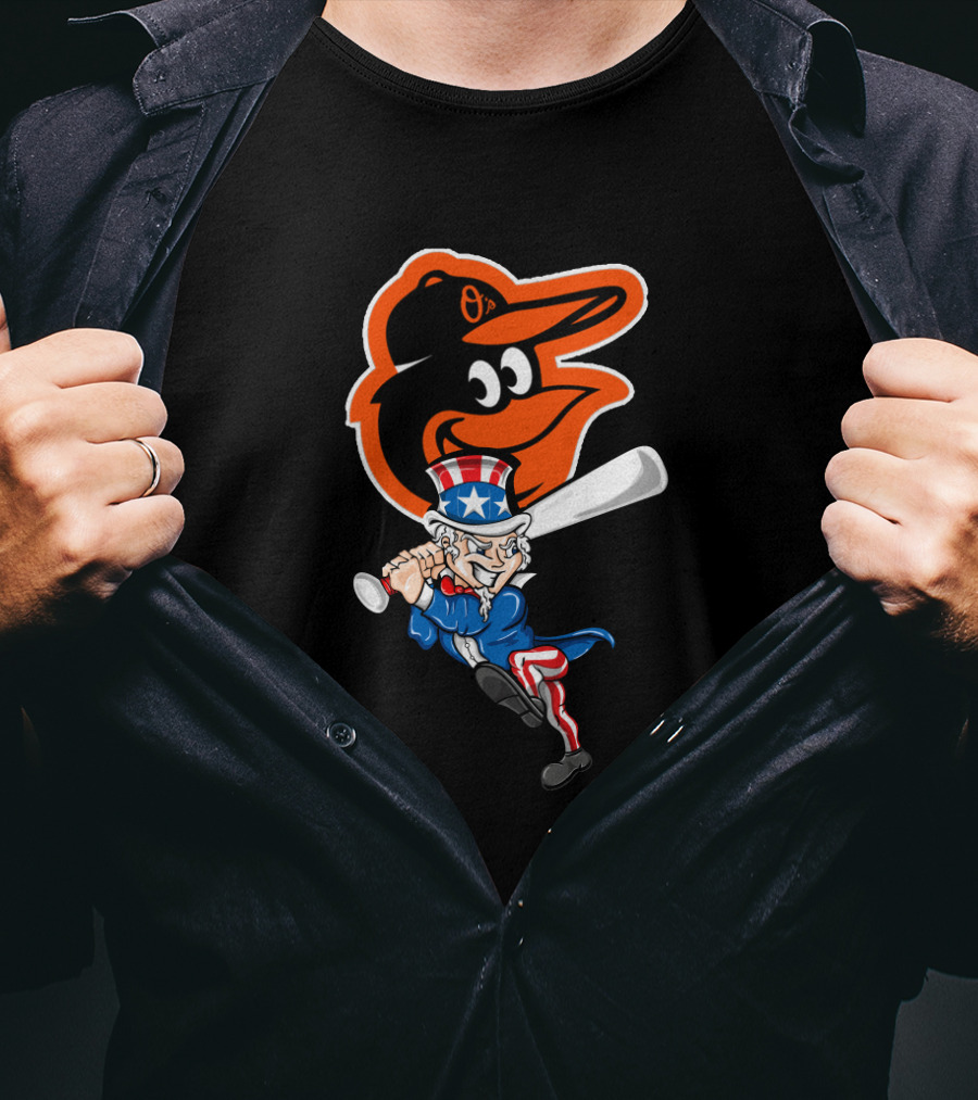 Uncle Sam Swinging Baseball Bat With Baltimore Orioles Logo For 4Th Of July Celebration T-Shirt