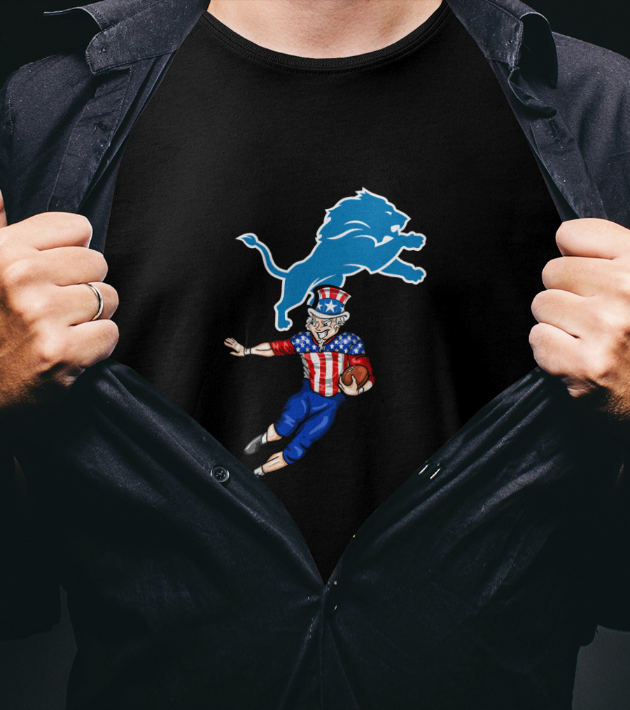 Uncle Sam Football Run With Detroit Lions For 4Th Of July Celebration T-Shirt