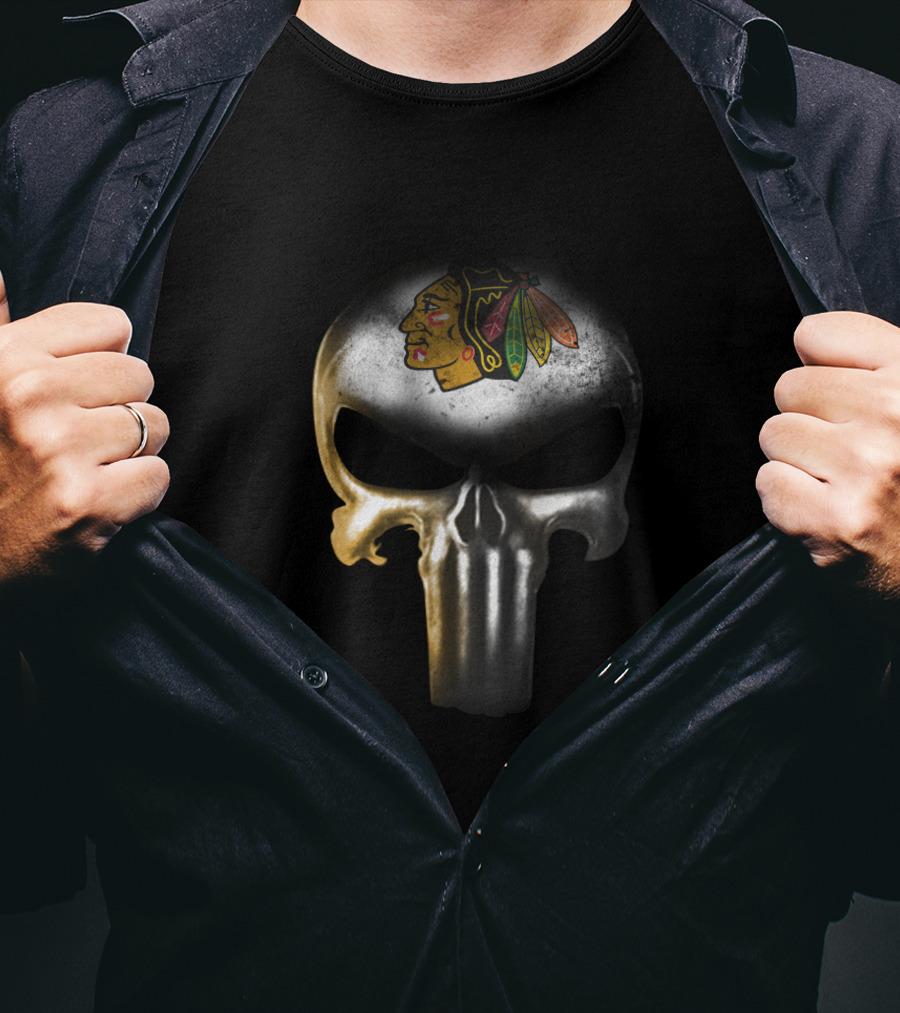 Chicago Blackhawks Fans Punisher Skull Logo Mashup T-Shirt