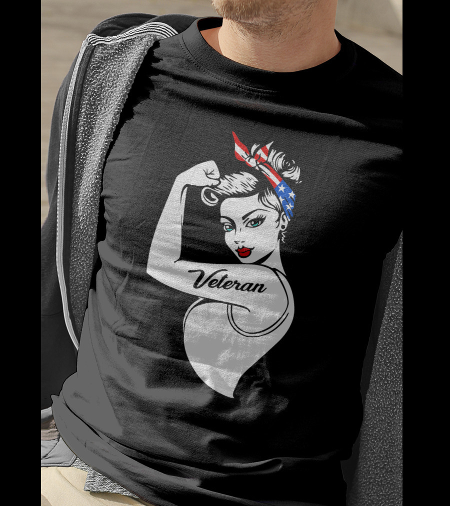 Veteran Strong Woman With Patriotic Headband Rosie The Riveter Style T-Shirt