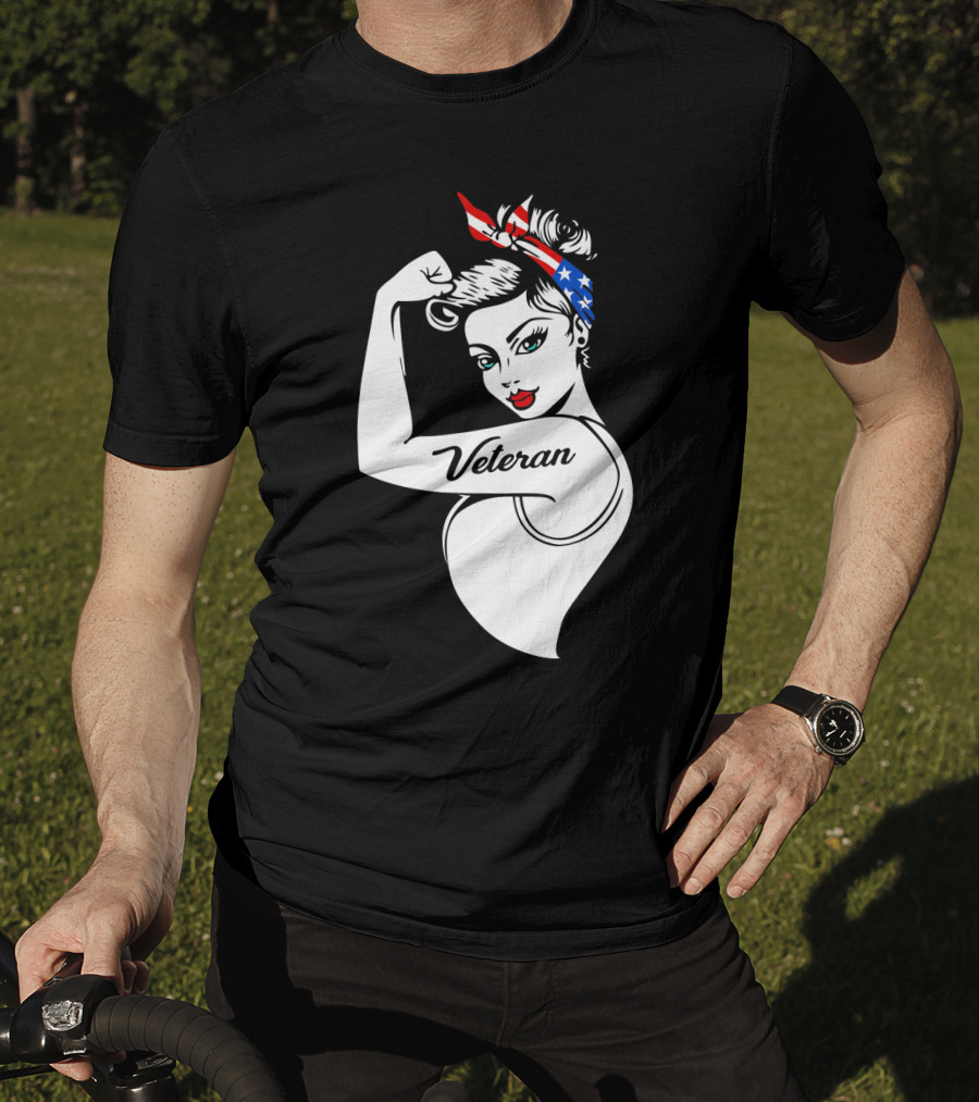 Veteran Strong Woman With Patriotic Headband Rosie The Riveter Style T-Shirt