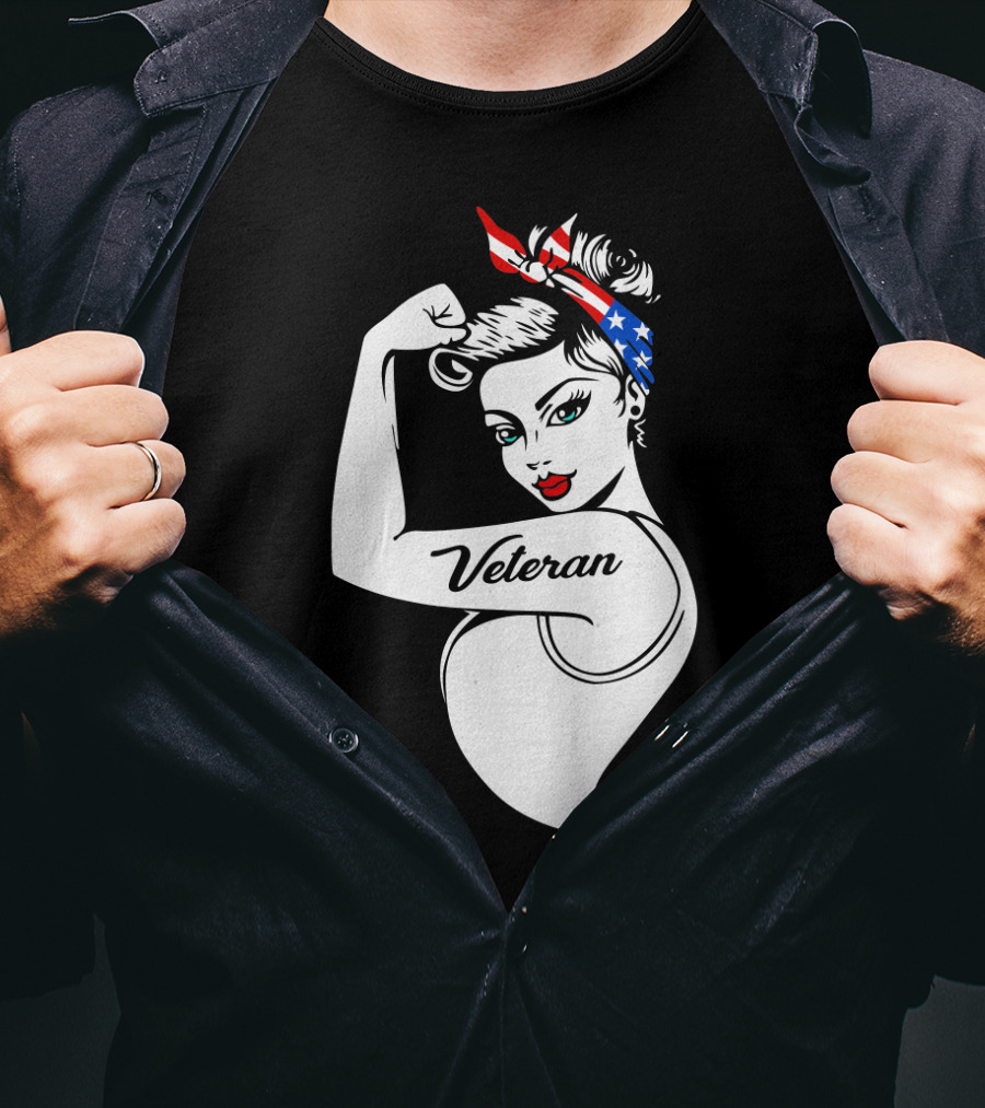 Veteran Strong Woman With Patriotic Headband Rosie The Riveter Style T-Shirt