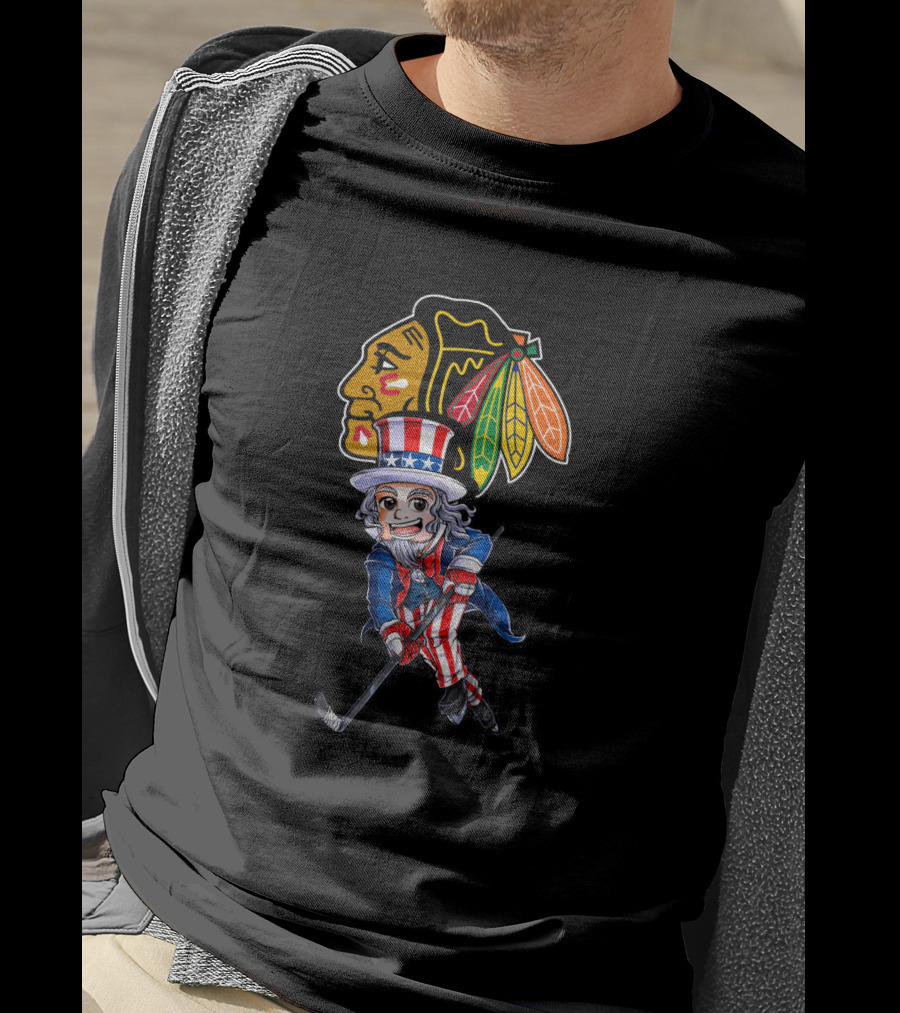 Uncle Sam Playing Hockey With Chicago Blackhawks For 4Th Of July Celebration T-Shirt