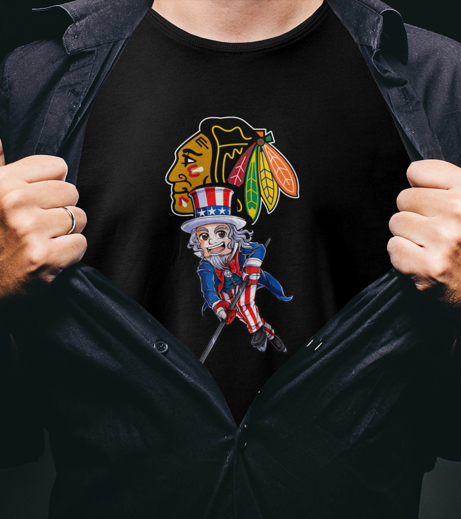 Uncle Sam Playing Hockey With Chicago Blackhawks For 4Th Of July Celebration T-Shirt
