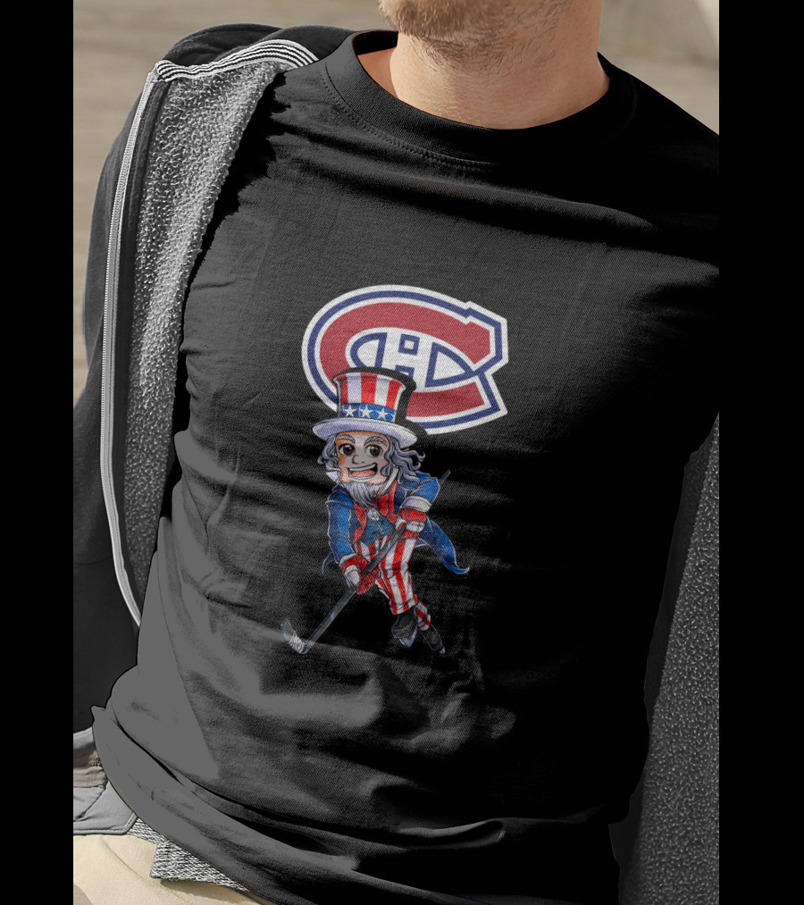 Uncle Sam Playing Hockey With Montreal Canadiens Logo For 4Th Of July Celebration T-Shirt