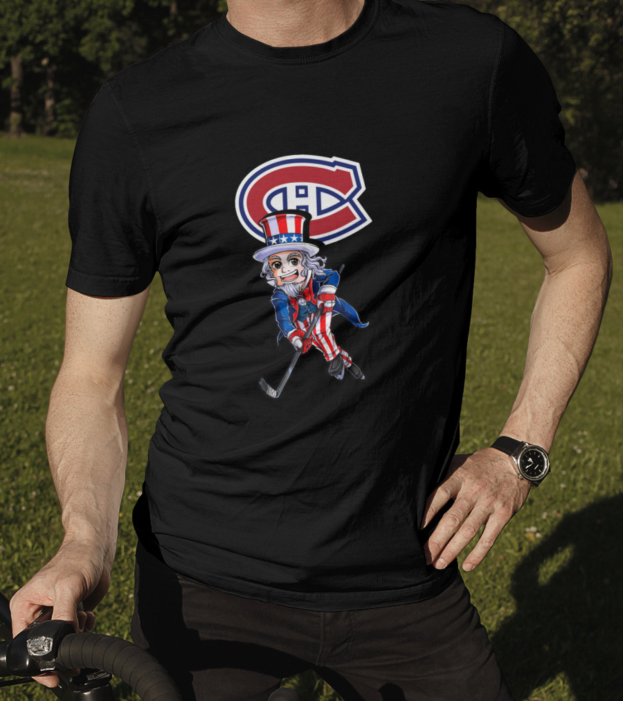 Uncle Sam Playing Hockey With Montreal Canadiens Logo For 4Th Of July Celebration T-Shirt
