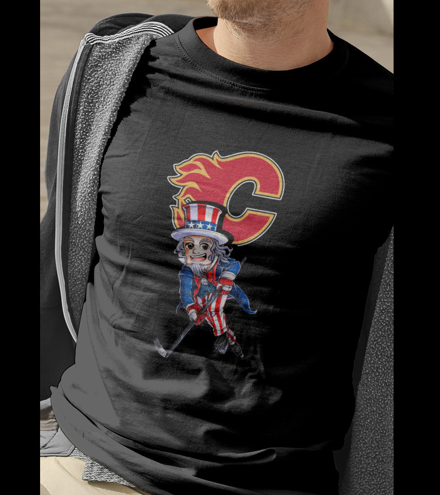 Uncle Sam Playing Hockey With Calgary Flames Emblem For 4Th Of July Celebration T-Shirt