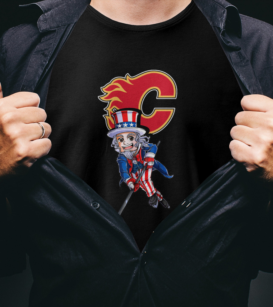 Uncle Sam Playing Hockey With Calgary Flames Emblem For 4Th Of July Celebration T-Shirt