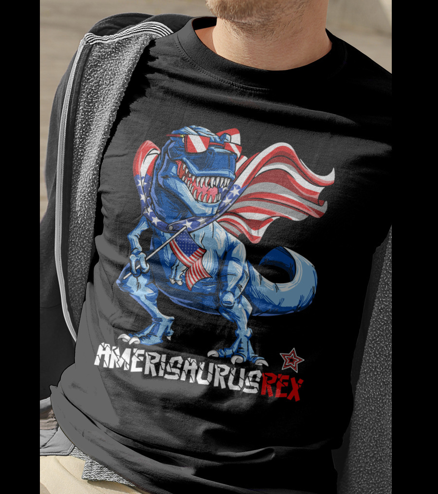 Amerisaurus Rex Dinosaur With Usa Flag And Star Sunglasses For Patriotic 4Th Of July T-Shirt