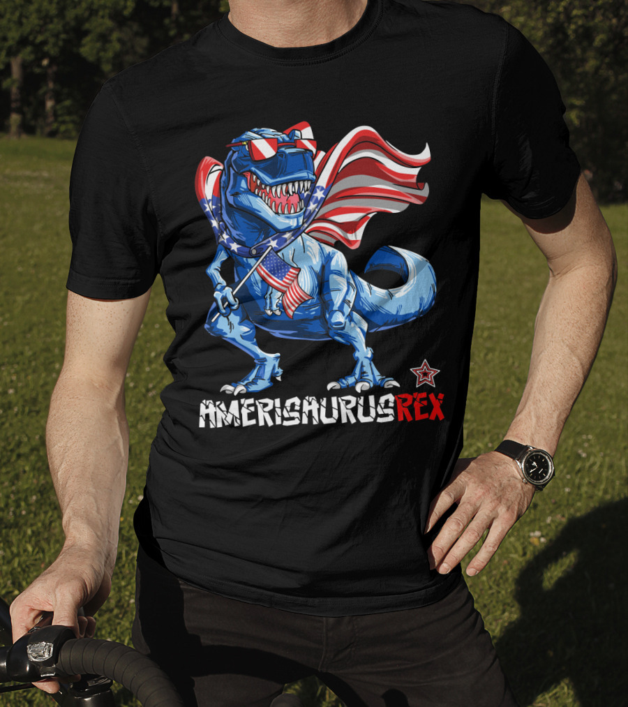 Amerisaurus Rex Dinosaur With Usa Flag And Star Sunglasses For Patriotic 4Th Of July T-Shirt
