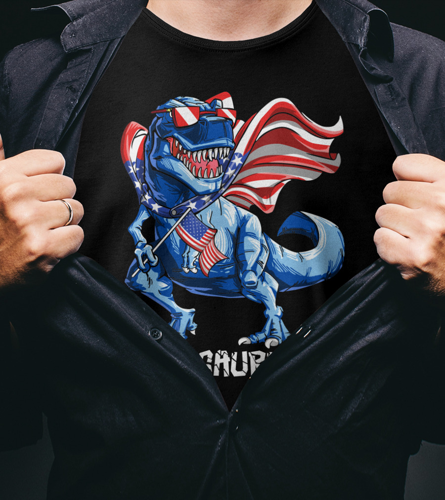 Amerisaurus Rex Dinosaur With Usa Flag And Star Sunglasses For Patriotic 4Th Of July T-Shirt