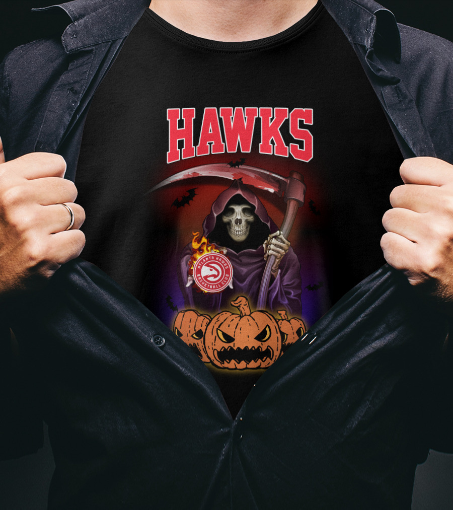 Atlanta Hawks Grim Reaper Halloween Skull Pumpkins T-Shirt