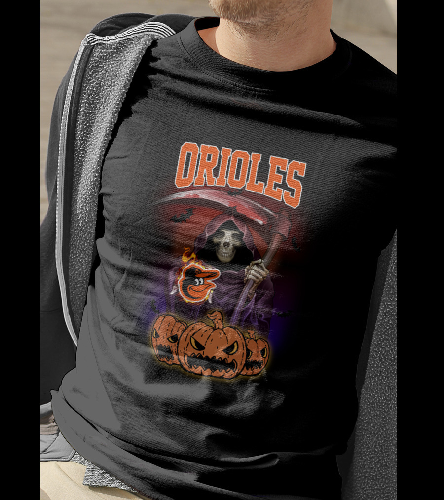 Orioles Reaper With Scythe And Pumpkins Halloween T-Shirt