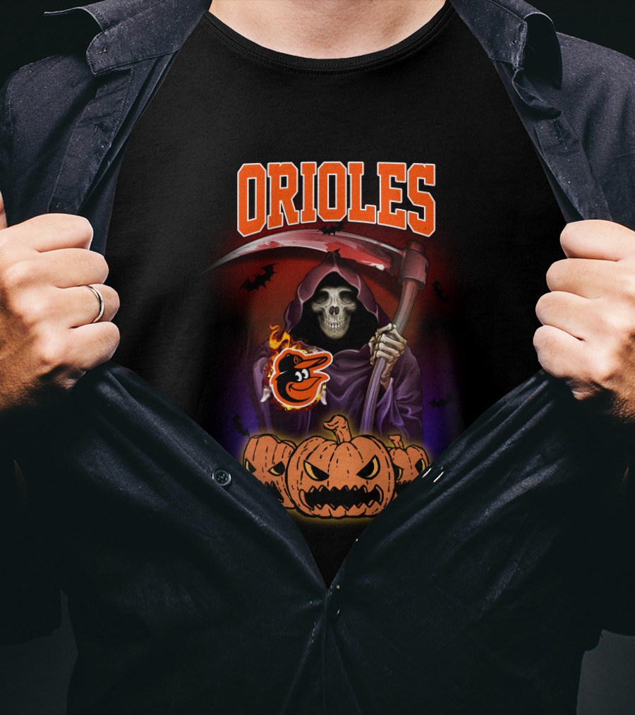 Orioles Reaper With Scythe And Pumpkins Halloween T-Shirt