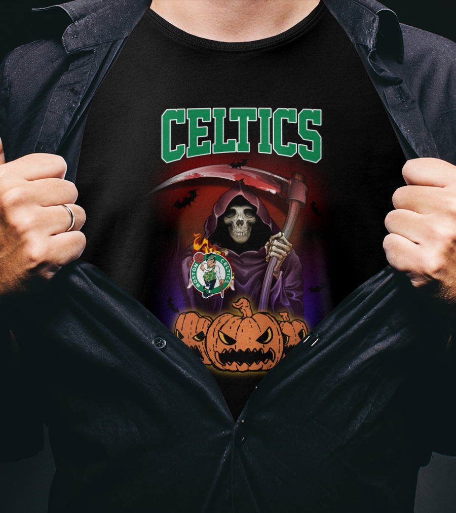 Celtics Grim Reaper With Boston Logo Pumpkins Halloween T-Shirt
