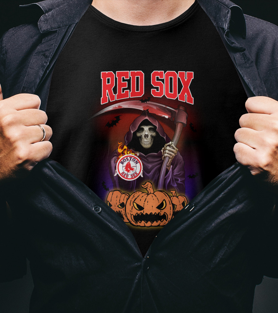 Boston Red Sox Reaper With Scythe And Halloween Pumpkins T-Shirt