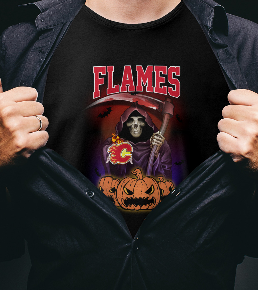 Flames Calgary Reaper With Scythe And Halloween Pumpkins T-Shirt