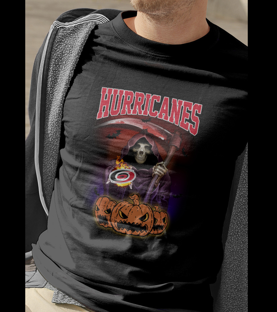Hurricanes Reaper Holding Hockey Logo Surrounded By Pumpkins And Bats T-Shirt