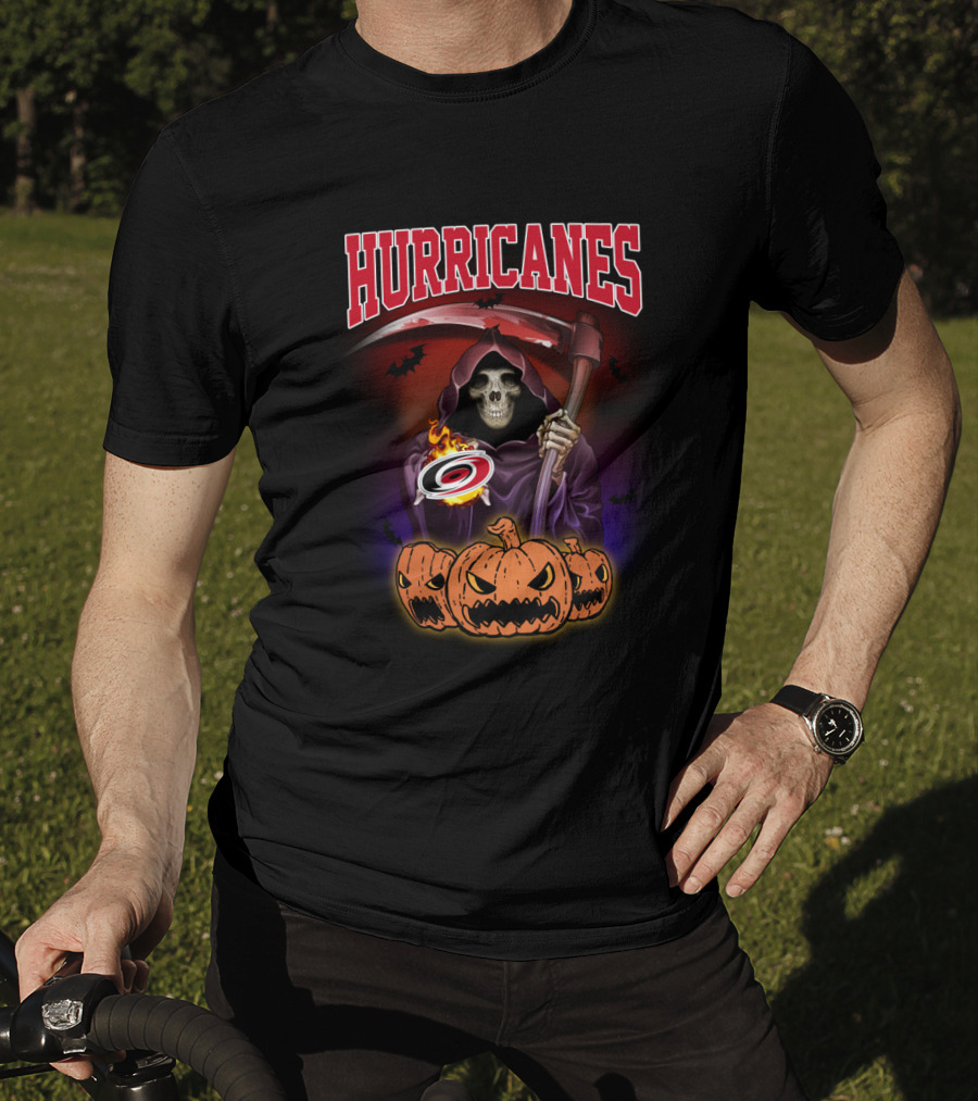 Hurricanes Reaper Holding Hockey Logo Surrounded By Pumpkins And Bats T-Shirt