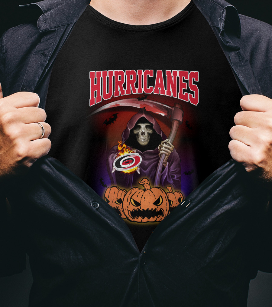 Hurricanes Reaper Holding Hockey Logo Surrounded By Pumpkins And Bats T-Shirt