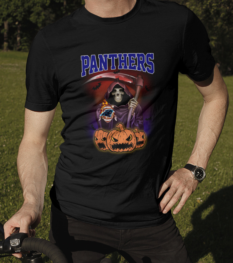 Panthers Grim Reaper Holding Scythe With Carolina Panthers Logo And Halloween Pumpkins T-Shirt