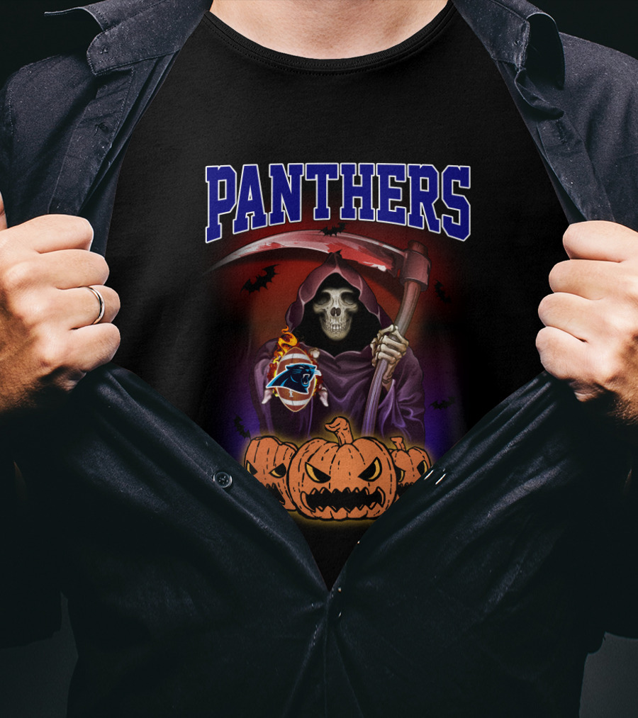 Panthers Grim Reaper Holding Scythe With Carolina Panthers Logo And Halloween Pumpkins T-Shirt