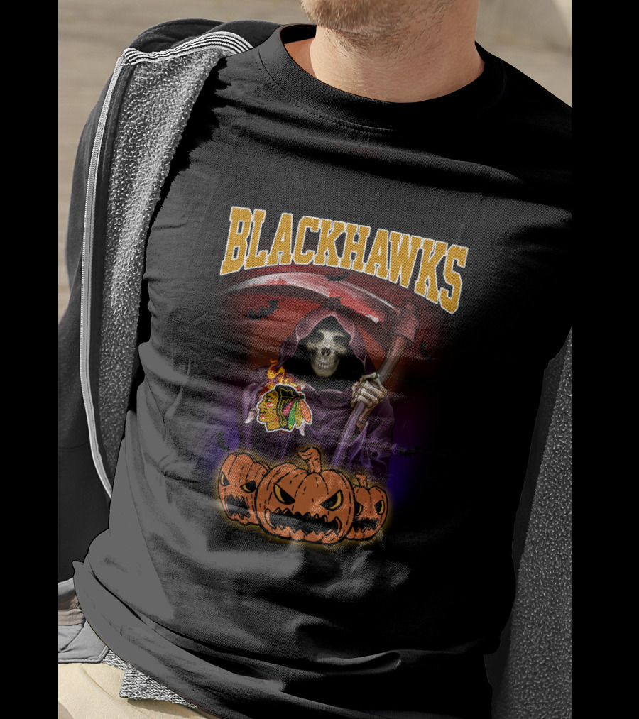 Blackhawks Reaper With Scythe And Pumpkins Halloween T-Shirt