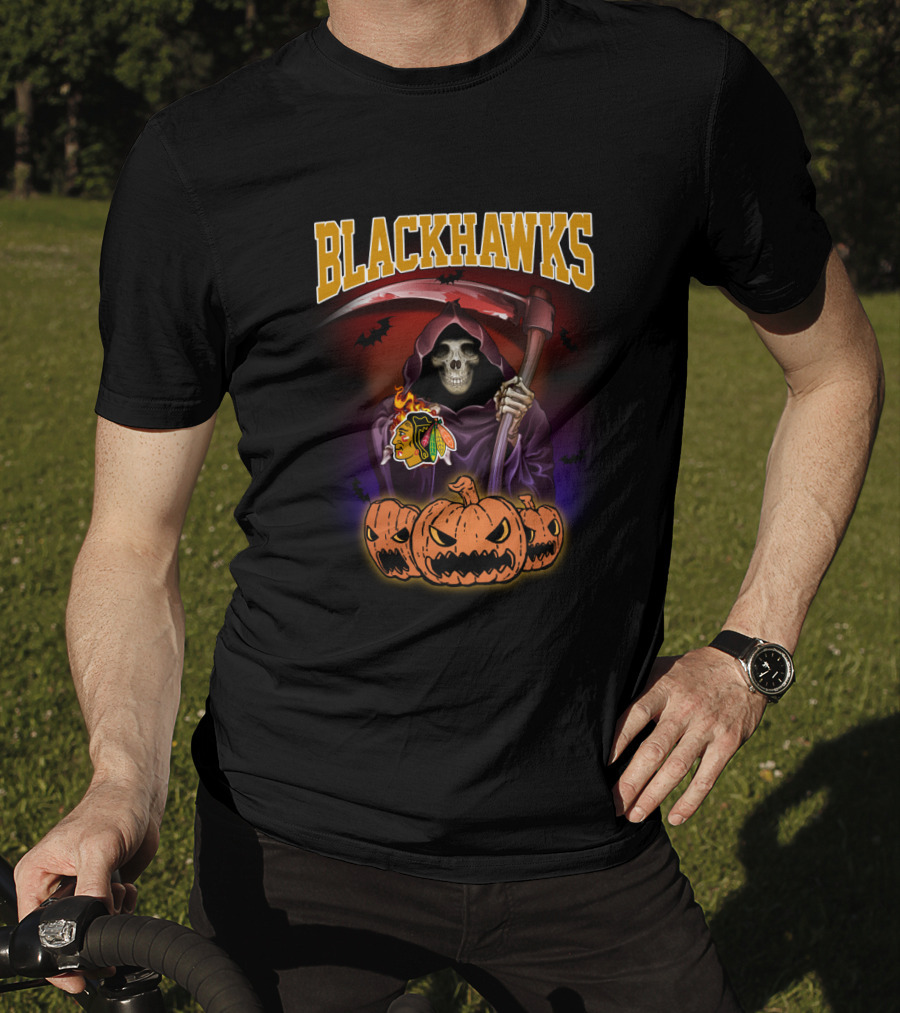 Blackhawks Reaper With Scythe And Pumpkins Halloween T-Shirt