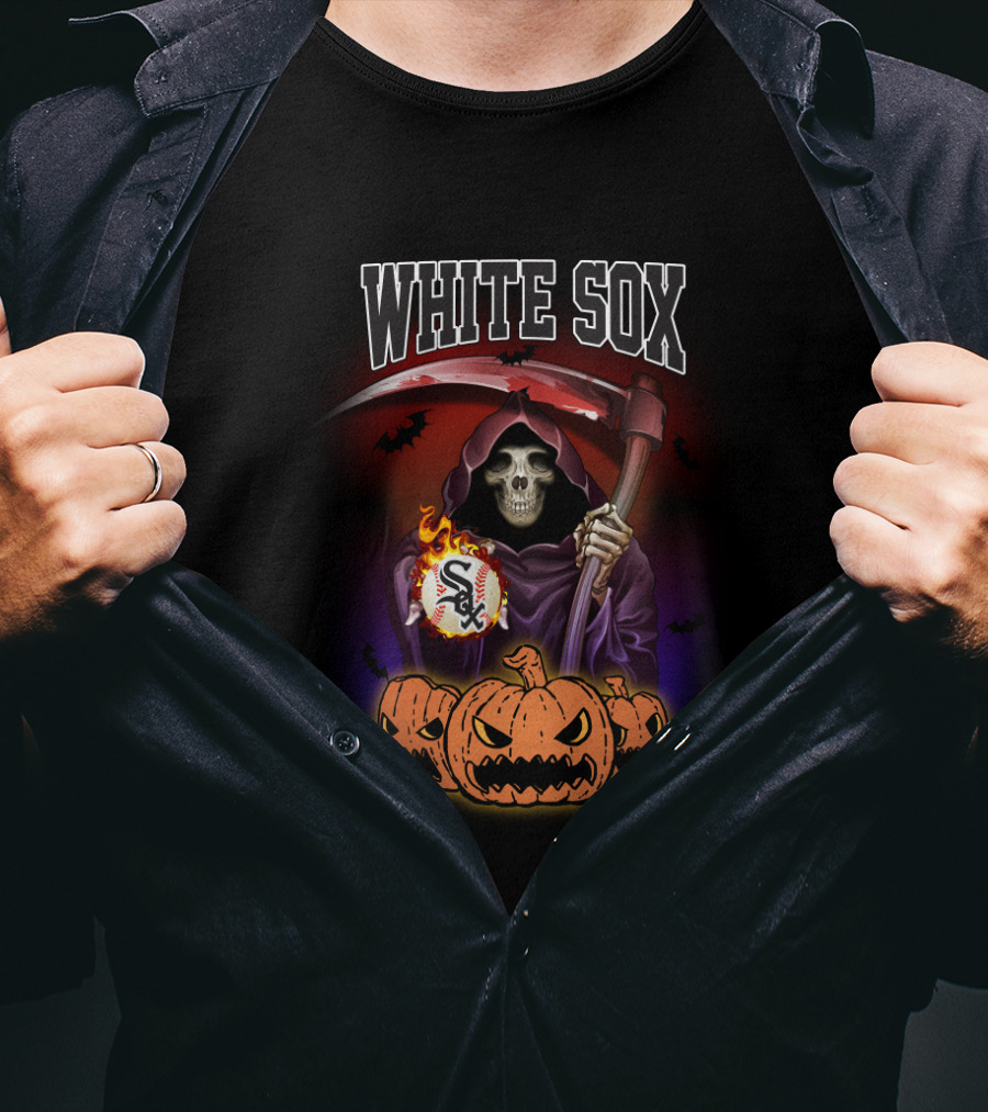 White Sox Reaper Holding Baseball With Pumpkins And Scythe T-Shirt