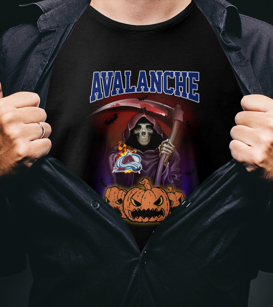 Avalanche Grim Reaper And Halloween Pumpkins With Colorado Avalanche T-Shirt