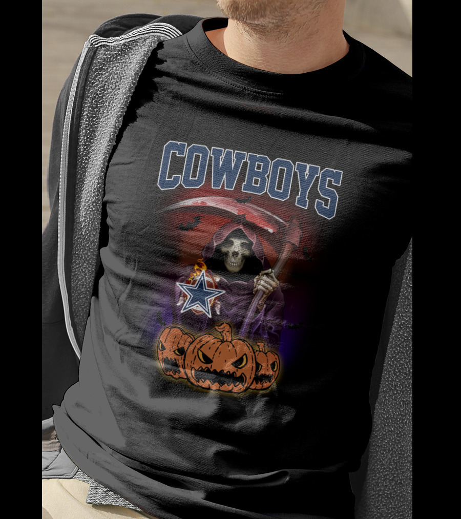 Cowboys Halloween Reaper With Scythe And Pumpkins T-Shirt