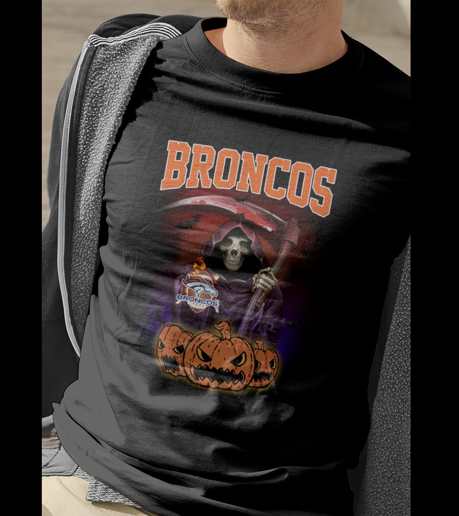 Broncos Halloween Reaper With Denver Broncos Logo And Scythe Scene T-Shirt