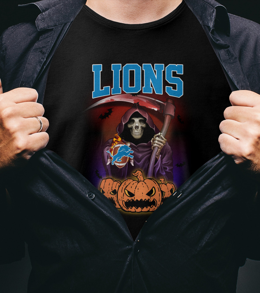 Detroit Lions Reaper Halloween Pumpkins And Scythe T-Shirt