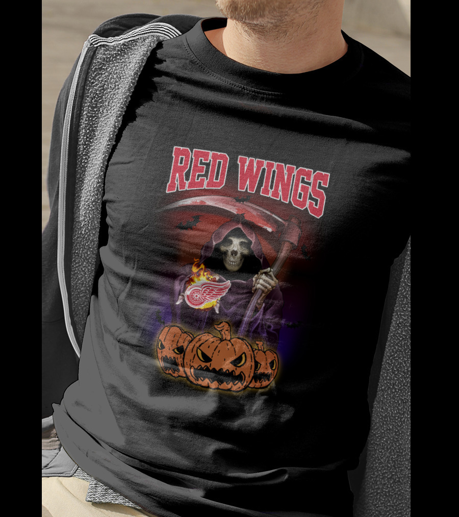 Red Wings Reaper Holding Scythe With Halloween Pumpkins And Detroit T-Shirt