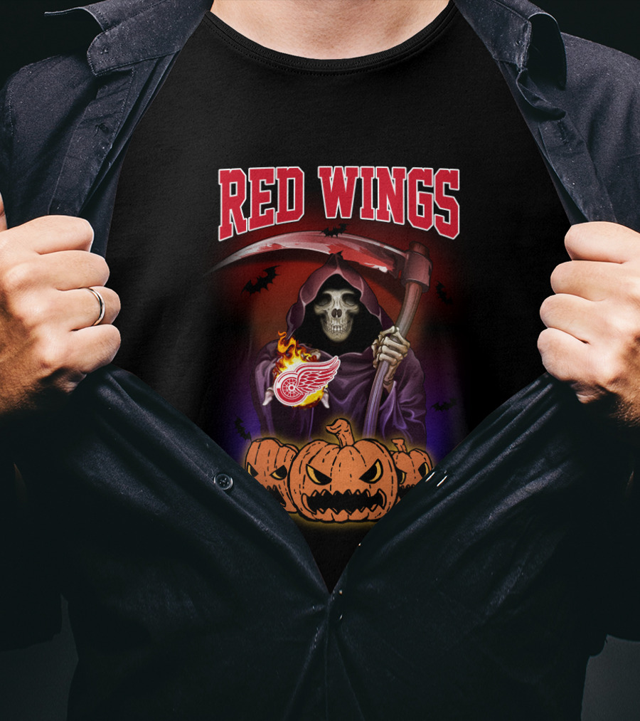 Red Wings Reaper Holding Scythe With Halloween Pumpkins And Detroit T-Shirt
