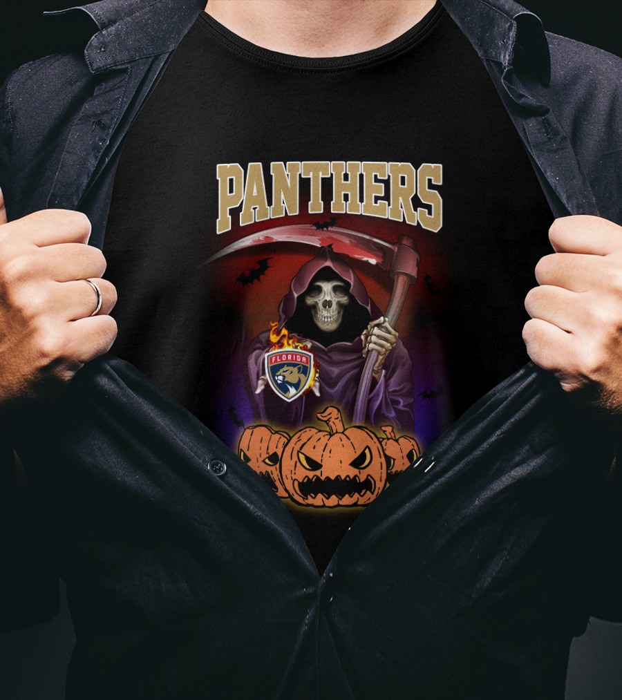 Panthers Grim Reaper Halloween Florida Hockey Logo Pumpkins Scythe T-Shirt