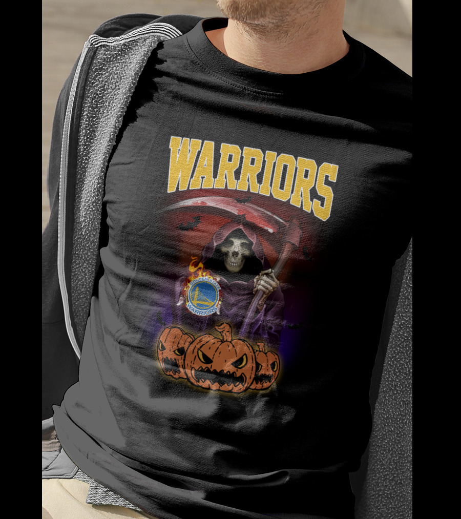 Warriors Grim Reaper Halloween With Golden State Warriors Logo And Pumpkins T-Shirt