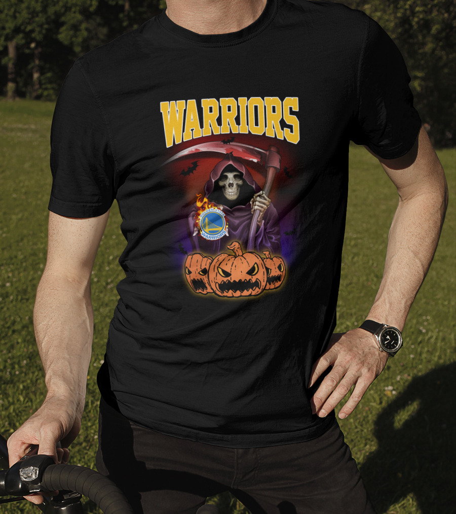 Warriors Grim Reaper Halloween With Golden State Warriors Logo And Pumpkins T-Shirt