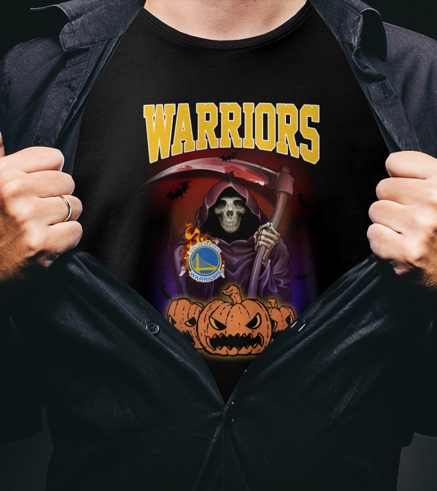 Warriors Grim Reaper Halloween With Golden State Warriors Logo And Pumpkins T-Shirt