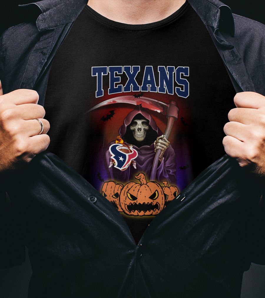 Texans Halloween Grim Reaper Pumpkin Scene With Football T-Shirt