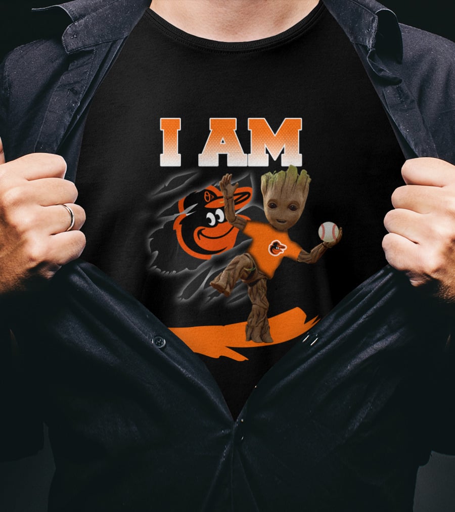 I Am Baltimore Orioles Groot With Baseball And Mascot T-Shirt