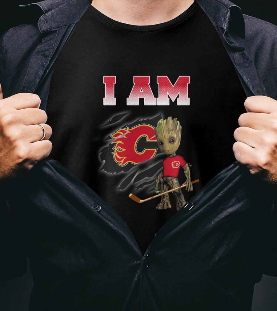 I Am Calgary Flames Groot With Hockey Stick And Flames T-Shirt