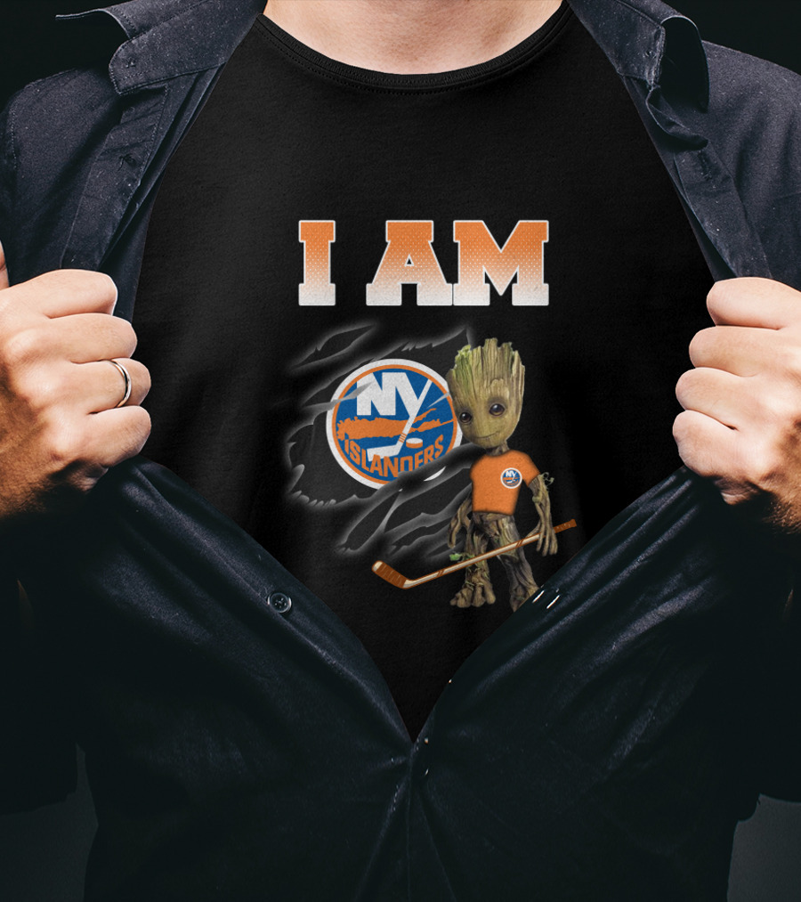 I Am New York Islanders Groot Fan With Hockey Stick T-Shirt