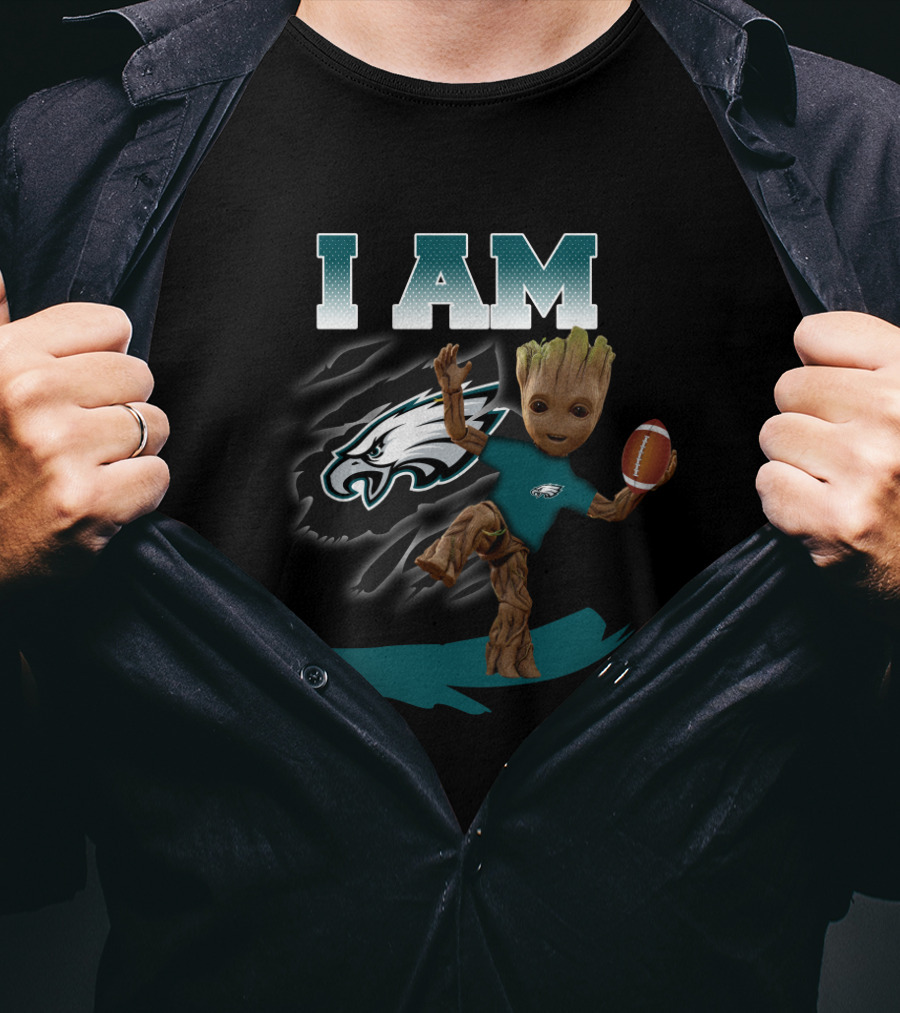 I Am Philadelphia Eagles Groot With Football T-Shirt